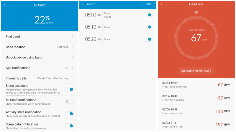 Screenshot Mi Fit untuk fitur Setting, Alarm, dan Heart Rate Monitor